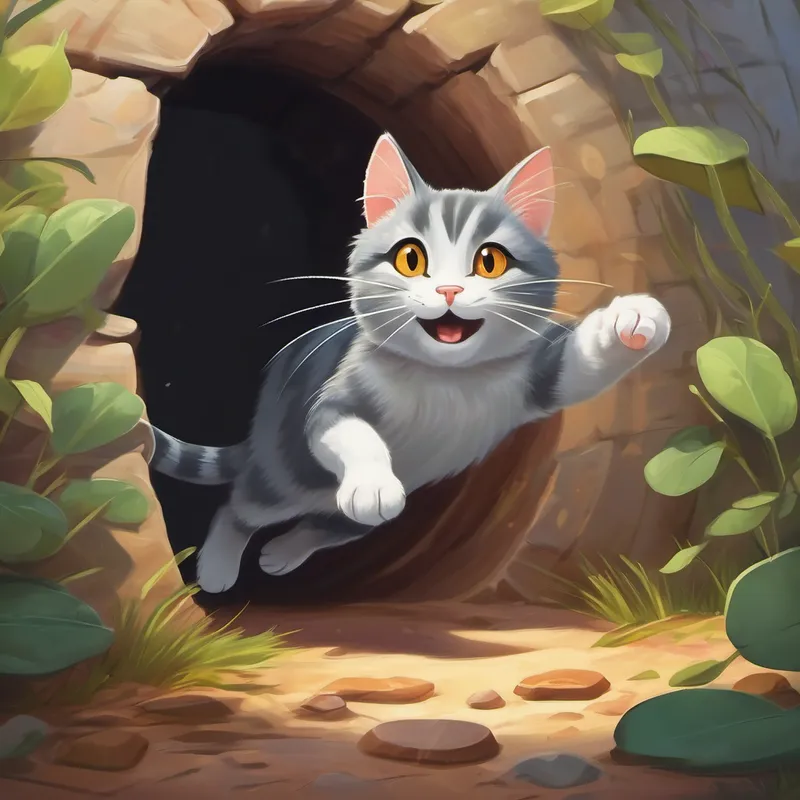 A brave cat jumping into the hole to save A small gray mouse with a friendly face