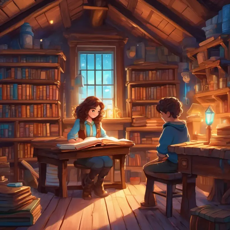 Curly brown hair, bright blue eyes, adventurous spirit, kindhearted standing in the attic, surrounded by dusty old trunks and shelves filled with mysterious objects. Glowing magical book, twinkling letters, friendly voice, curious, the book, glowing softly on a table, with shimmering letters on its cover.