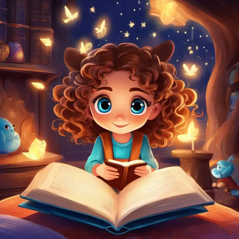 Curly brown hair, bright blue eyes, adventurous spirit, kindhearted sitting on her bed, her eyes wide with amazement, holding the open book in her hands. Glowing magical book, twinkling letters, friendly voice, curious, the book, floating with tiny glimmers of light, forming shapes of talking animals and a baby dragon in Curly brown hair, bright blue eyes, adventurous spirit, kindhearted's room.