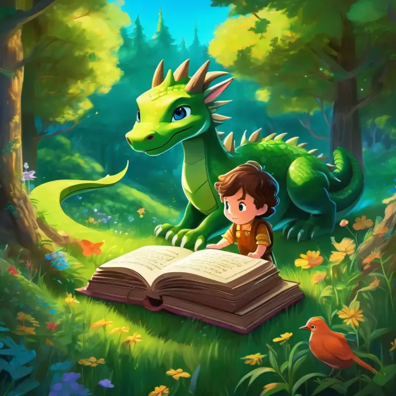 Curly brown hair, bright blue eyes, adventurous spirit, kindhearted and Glowing magical book, twinkling letters, friendly voice, curious walking hand in hand through a magical forest, filled with glowing flowers and playful animals. Baby dragon, bright green with shiny scales, looking scared and sad, in a clearing, surrounded by towering trees.