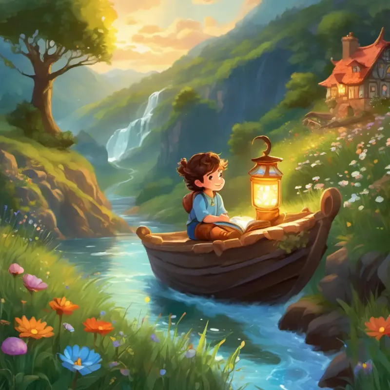 Curly brown hair, bright blue eyes, adventurous spirit, kindhearted, Glowing magical book, twinkling letters, friendly voice, curious, and the baby dragon, marching over flowery meadows, greeted by smiling fairies with fluttering wings, jolly gnomes holding lanterns, and singing birds soaring above. Scenic views of rivers, hills, and majestic waterfalls.