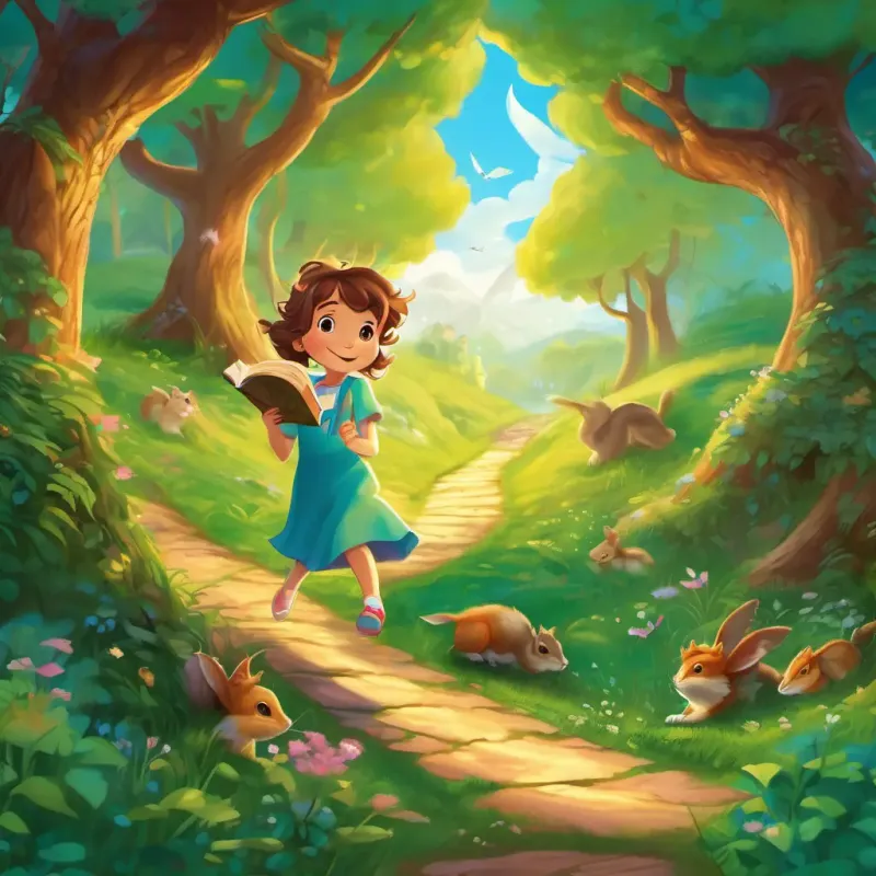 Curly brown hair, bright blue eyes, adventurous spirit, kindhearted, Glowing magical book, twinkling letters, friendly voice, curious, and the baby dragon, skipping alongside rabbits, climbing trees with chatty squirrels, and laughing as they raced after a cheeky pixie. The pixie zipping through the air, leading them on a winding path through a vibrant, enchanted forest.