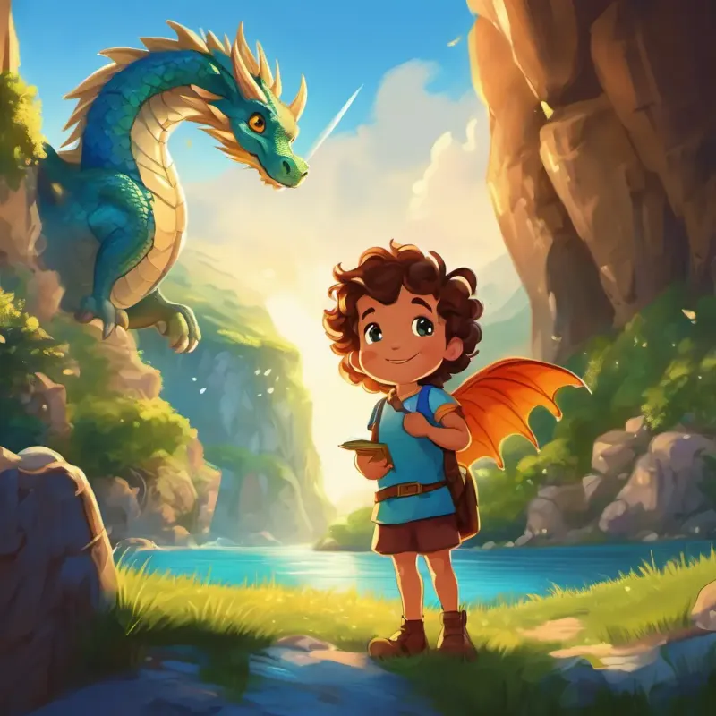 Curly brown hair, bright blue eyes, adventurous spirit, kindhearted, Glowing magical book, twinkling letters, friendly voice, curious, and the baby dragon, standing in front of a grand, glittering cave, the dragon's family emerging with wide smiles and open wings. The sun shining in a clear blue sky, casting a warm glow over the serene valley.