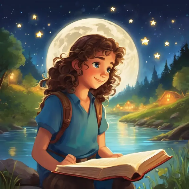 Curly brown hair, bright blue eyes, adventurous spirit, kindhearted and Glowing magical book, twinkling letters, friendly voice, curious nestled by a sparkling brook, surrounded by snoozing animals and fluttering fireflies. The moon beaming down, casting a gentle light on the valley, as everyone drifted off to sleep, dreaming under the starry sky.