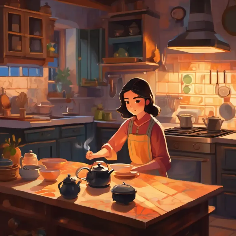 Young girl, dark hair, bright eyes, active listener in kitchen, mother making tea, warmth of evening
