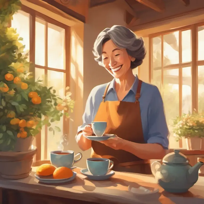 Middle-aged woman, warm smile, gentle hands, multitasking's conversation start, sharing tea, nurturing environment