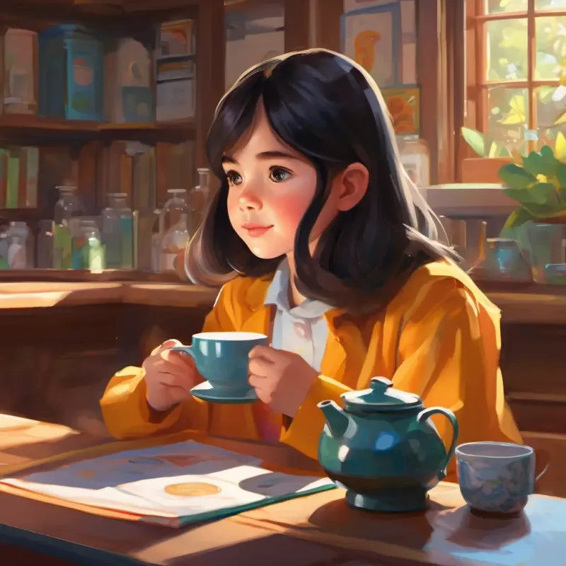 Young girl, dark hair, bright eyes, active listener sharing school day, learning about science, warming sip of tea