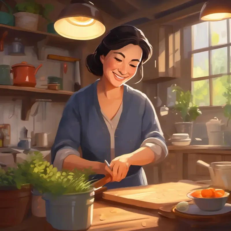 Middle-aged woman, warm smile, gentle hands, multitasking sharing chores, hard work, surprise for Young girl, dark hair, bright eyes, active listener