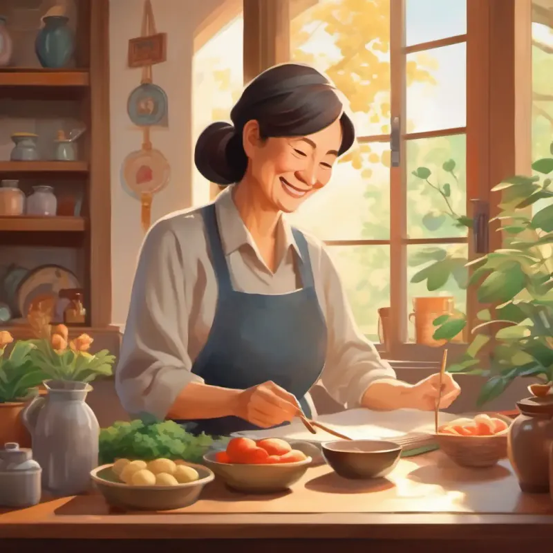 Middle-aged woman, warm smile, gentle hands, multitasking's wisdom, sense of duty, love for family