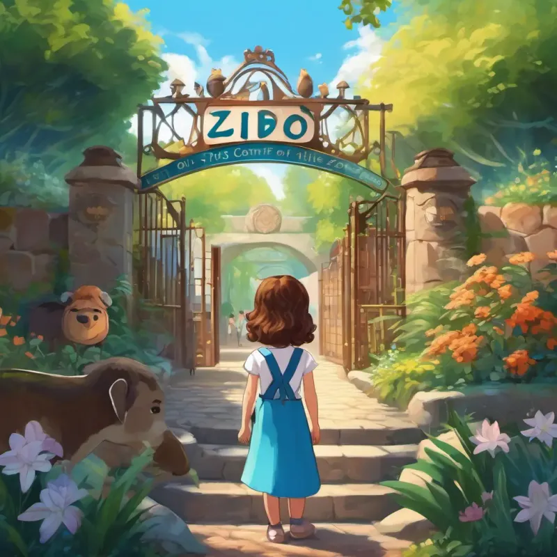 Lily is a little girl with curly brown hair and bright blue eyes, her parents, and the entrance of the zoo with a big sign