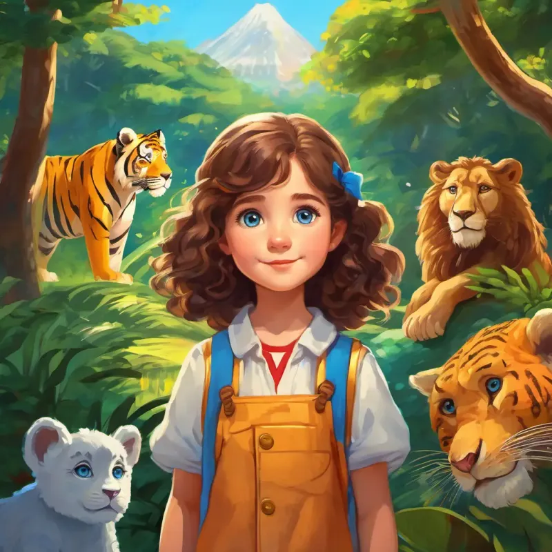 Lily is a little girl with curly brown hair and bright blue eyes, her parents, lions, tigers, bears, and monkeys in their respective exhibits