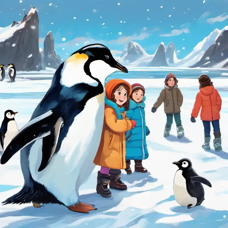 Lily is a little girl with curly brown hair and bright blue eyes, her parents, and penguins sliding on the ice, including a baby penguin
