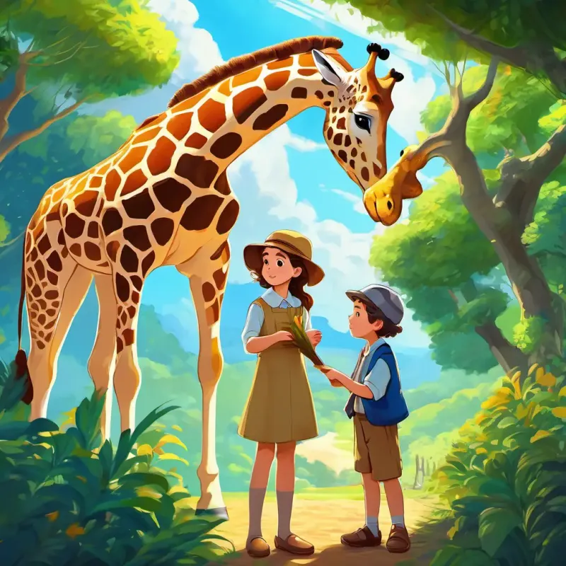 Lily is a little girl with curly brown hair and bright blue eyes, her parents, and a giraffe with a long neck eating leaves from a tall tree