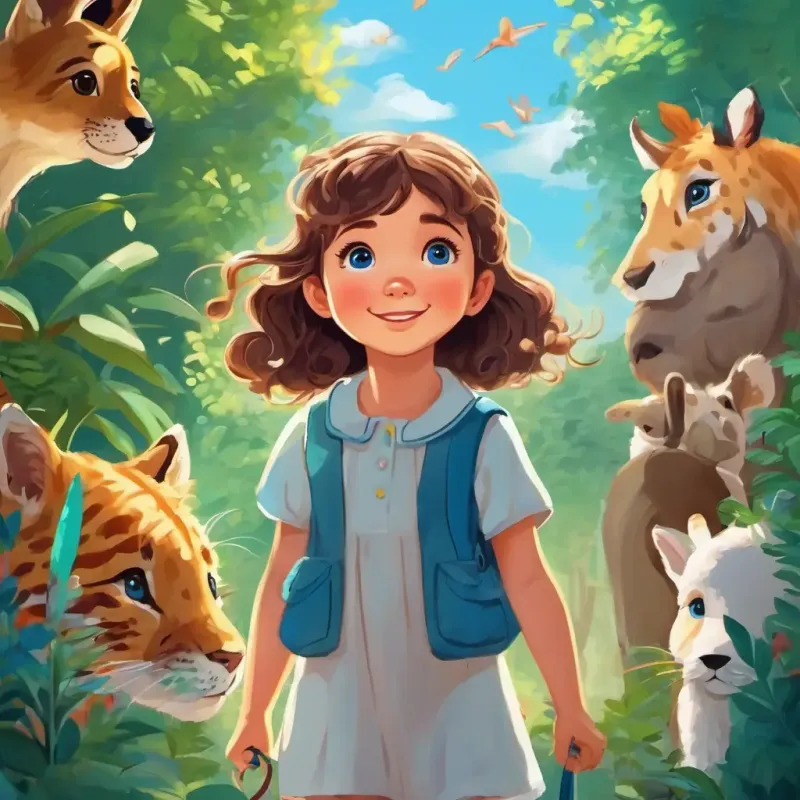 Lily is a little girl with curly brown hair and bright blue eyes, her parents, and various animals waving goodbye at the zoo exit