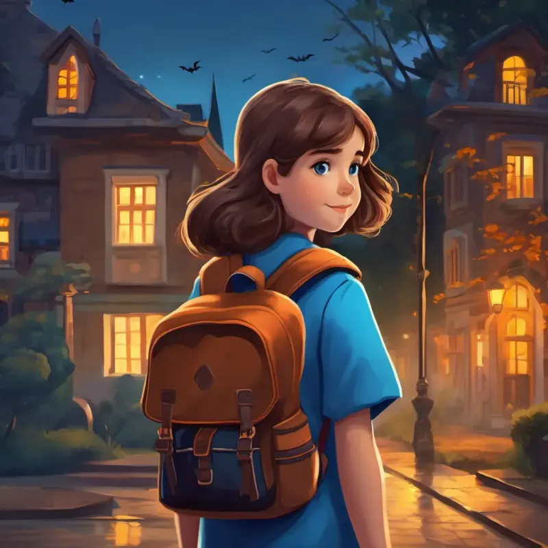 Illustration of A kind and hardworking girl with brown hair and bright blue eyes, a kind and hardworking girl with brown hair and bright blue eyes, walking to school with her backpack.