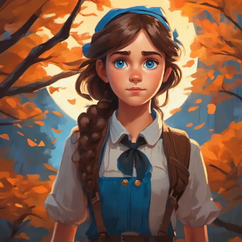 Illustration of A kind and hardworking girl with brown hair and bright blue eyes showing resilience, standing tall with a determined expression on her face.