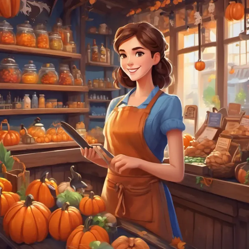 Illustration of A kind and hardworking girl with brown hair and bright blue eyes helping customers in her parents' shop, wearing an apron and a bright smile.