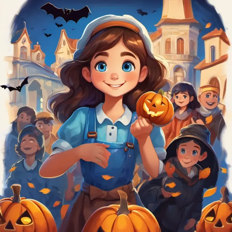 Illustration of A kind and hardworking girl with brown hair and bright blue eyes with her family, holding hands and laughing together.