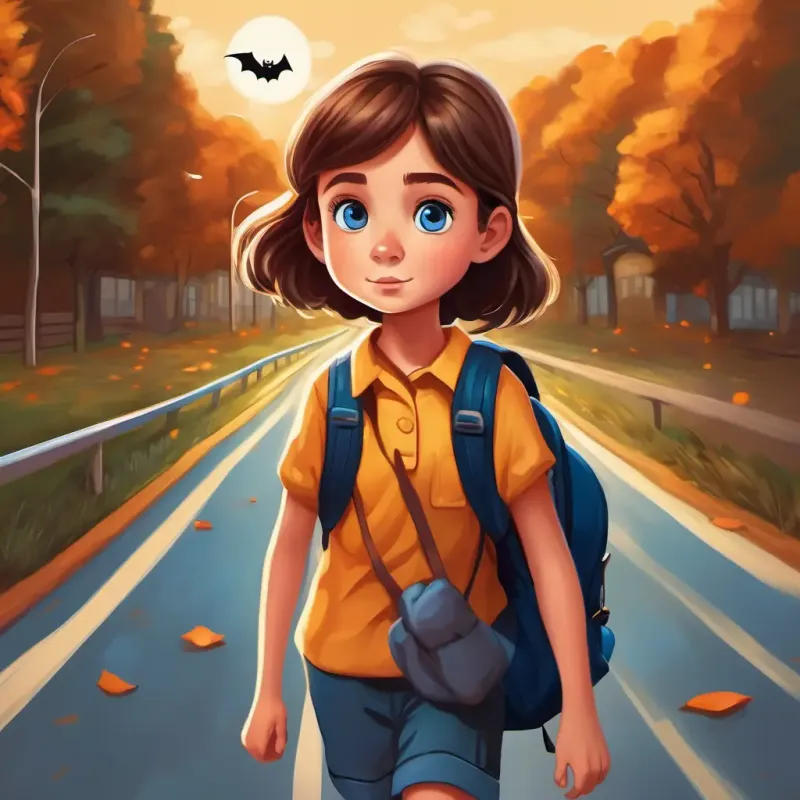 Illustration of A kind and hardworking girl with brown hair and bright blue eyes walking alone on a long road, with her school backpack and determination in her eyes.