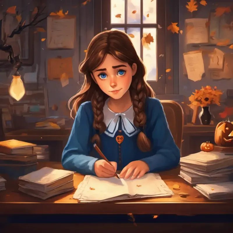 Illustration of A kind and hardworking girl with brown hair and bright blue eyes leaving a heartfelt note on her desk, with tears in her eyes and a heavy heart.