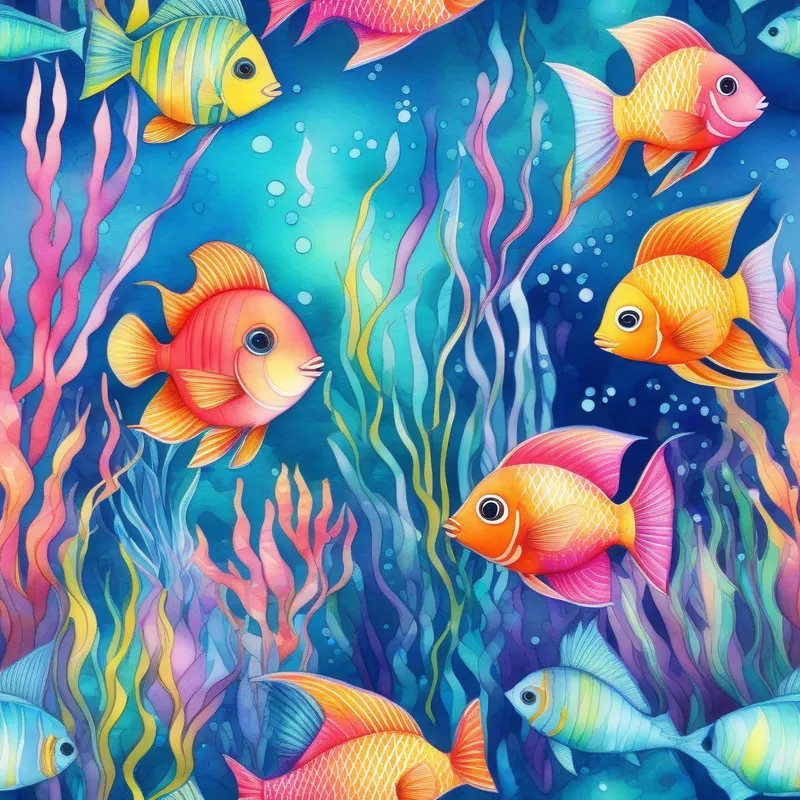 Underwater kingdom, vibrant colors, tropical fish, shimmering light