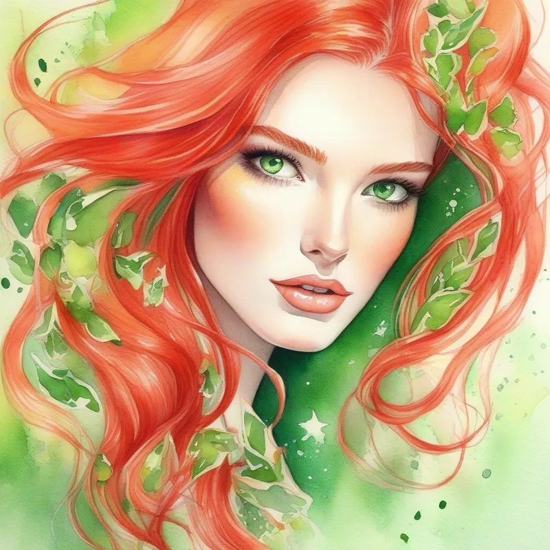 Red hair flowing, sparkling green eyes, beauty and charm