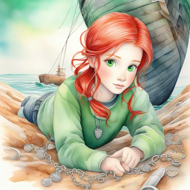 Exciting discovery, shipwreck, shiny necklace, curious Red hair, green eyes, adventurous, kind-hearted