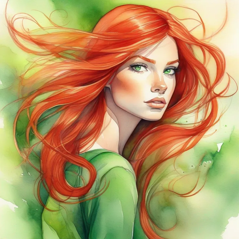 Determined Red hair, green eyes, adventurous, kind-hearted, flowing hair, confident expression, mysterious quest