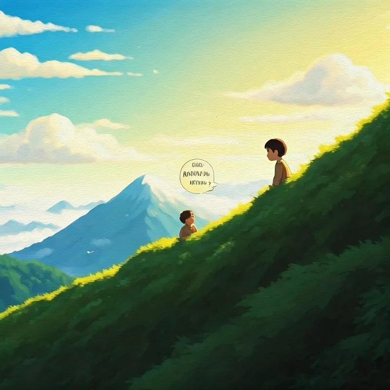 sun peeking over a mountain, smiling, with a speech bubble saying Good Morning