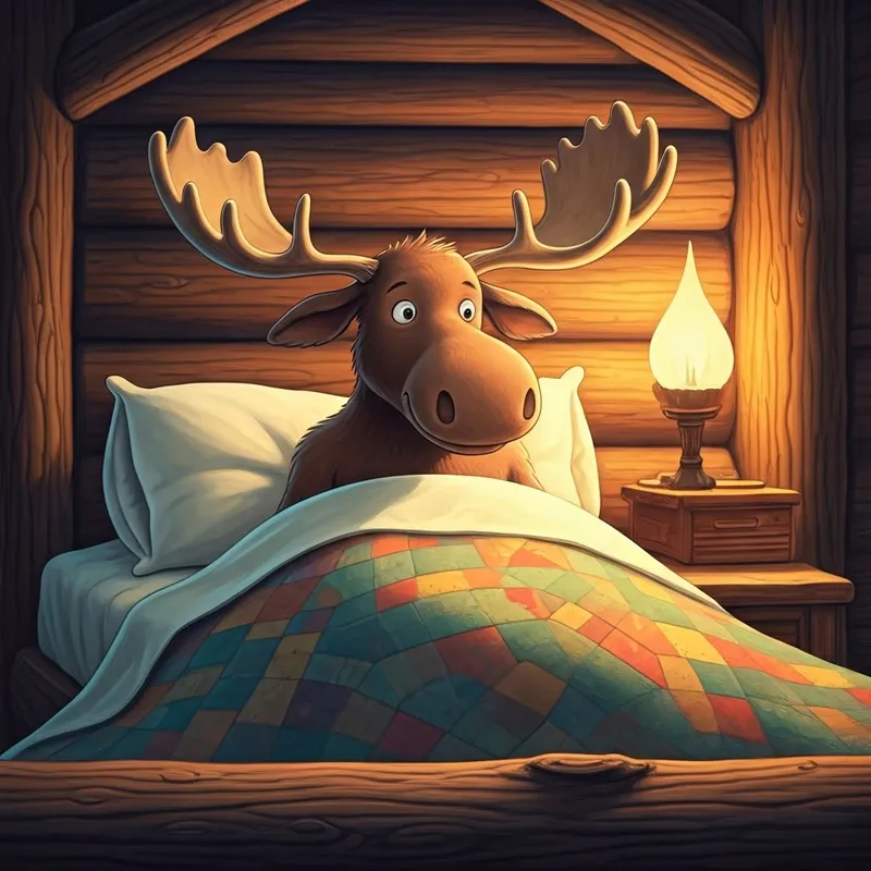 happy moose waking up in a bed made of logs, smiling, with patchwork quilt on antlers