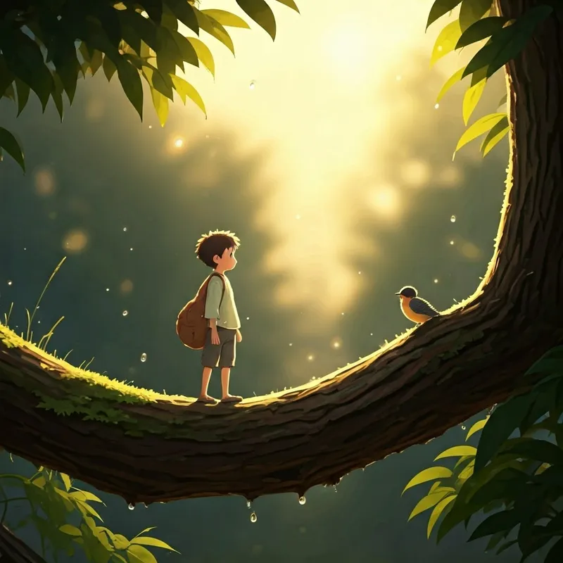 sunshine sparkling on dewdrops, birds chirping on a tree branch