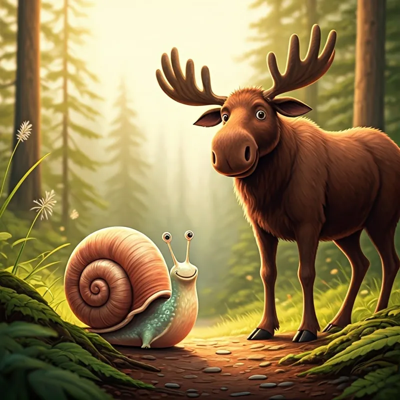 happy snail with perky antennae, smiling at the moose