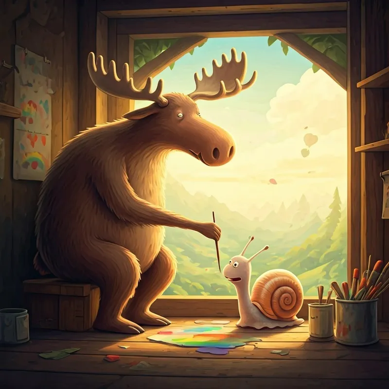 moose and snail painting rainbows together and laughing