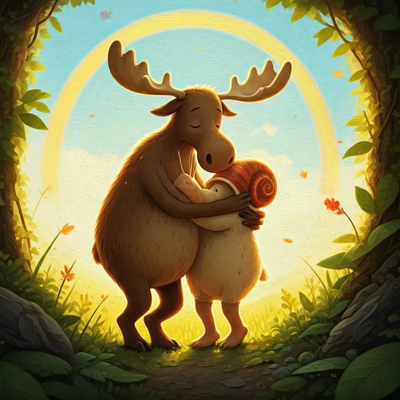moose and snail hugging, with a rainbow and sunshine in the background