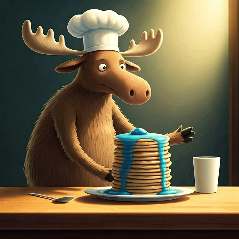 moose with a chef hat flipping blue pancakes on a plate