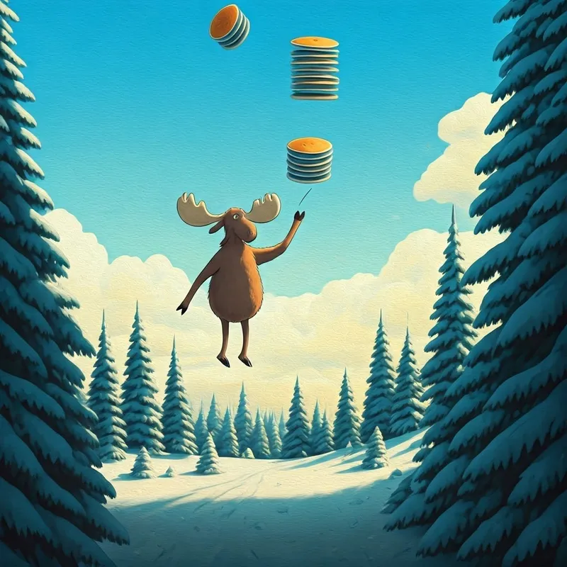 moose flipping blue pancakes very high in the air