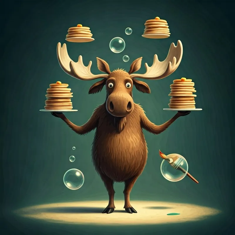 moose balancing pancakes on his antlers, with a paintbrush and bubbles in the background