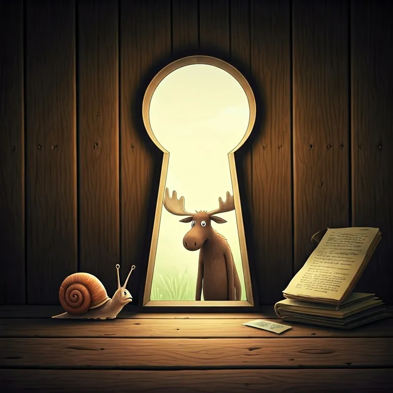 moose looking through a keyhole, with a sad snail on the other side