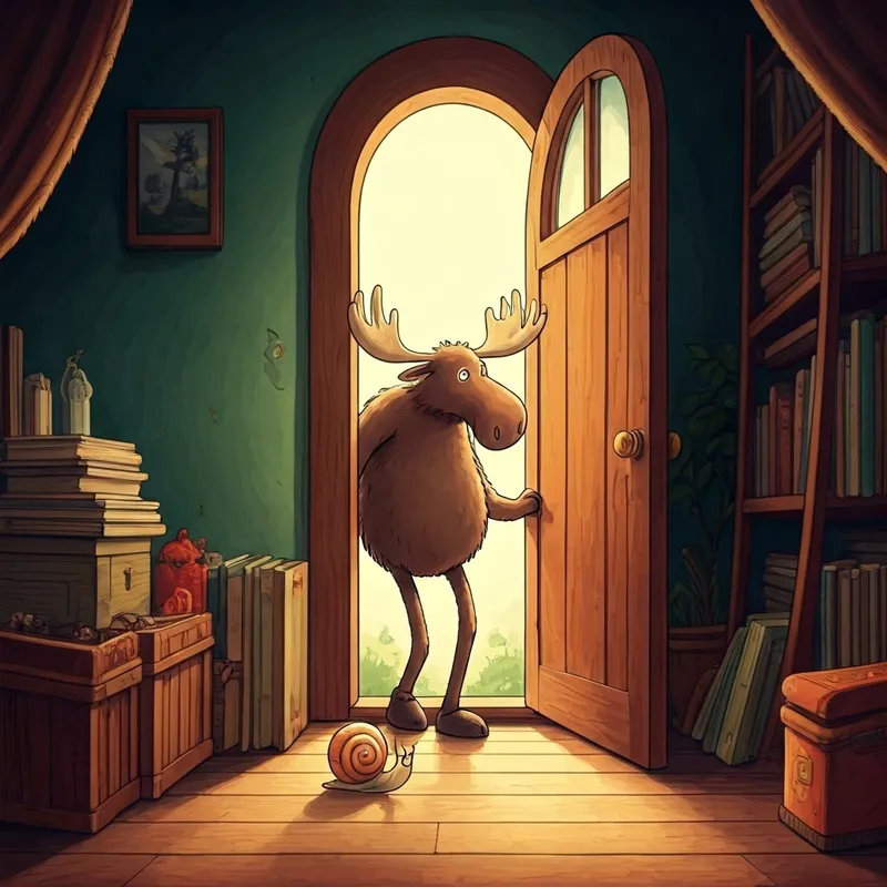 moose opening the door to a sad snail