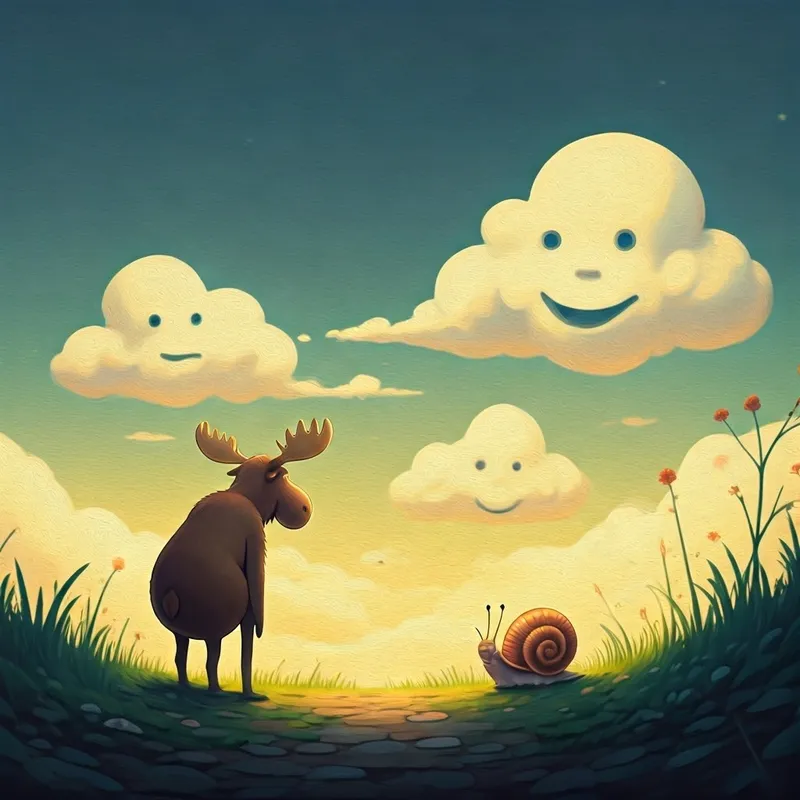 moose and snail looking at clouds shaped like funny faces