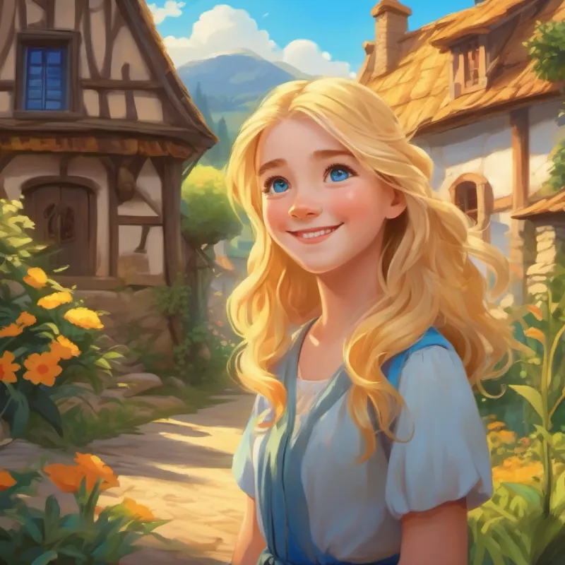 Introduction to the setting and the main character, Lily has golden hair and bright blue eyes, with a big smile, in the village.
