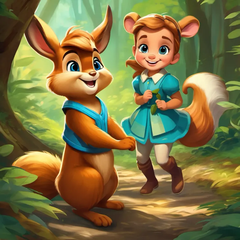 Lily has golden hair and bright blue eyes, with a big smile's interactions with the Chatty chipmunks have brown fur and lively black eyes, Mischievous squirrels have bushy tails and shiny brown eyes, and Graceful deer have soft brown fur and gentle eyes in the forest.