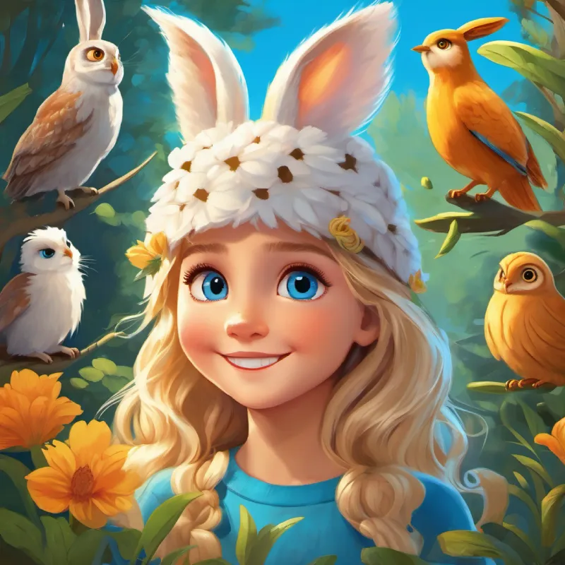 Lily has golden hair and bright blue eyes, with a big smile's joyful experiences with the Fuzzy bunnies are fluffy with twitching noses and big, round eyes, Melodious birds have colorful feathers and beady, bright eyes, and the wise old Wise old owl has gorgeous feathers and big, wise eyes.