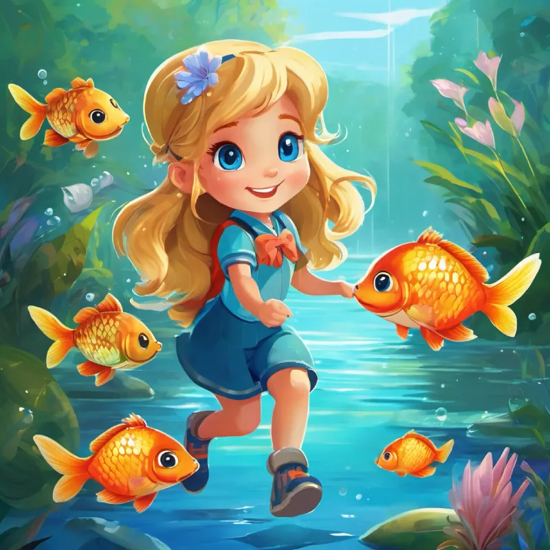 Lily has golden hair and bright blue eyes, with a big smile's playful adventures with the Friendly fish have shimmering scales and darting eyes, Curious raccoons have striped tails and mischievous eyes, and Talkative turtles have mottled shells and kind, old eyes by the sparkling streams.
