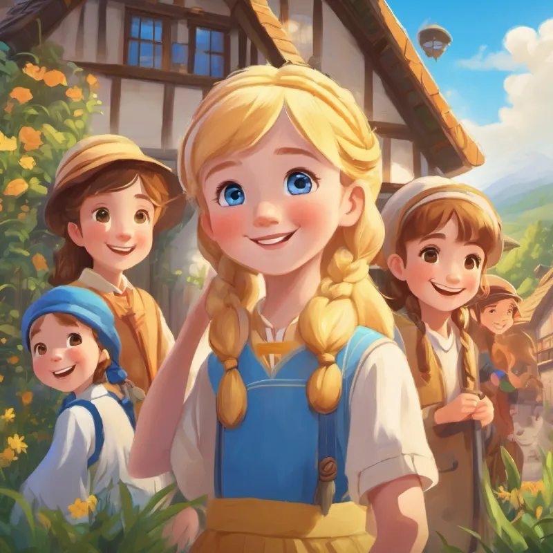 A heartwarming conclusion to the story, showing Lily has golden hair and bright blue eyes, with a big smile and her friends living happily in the village.
