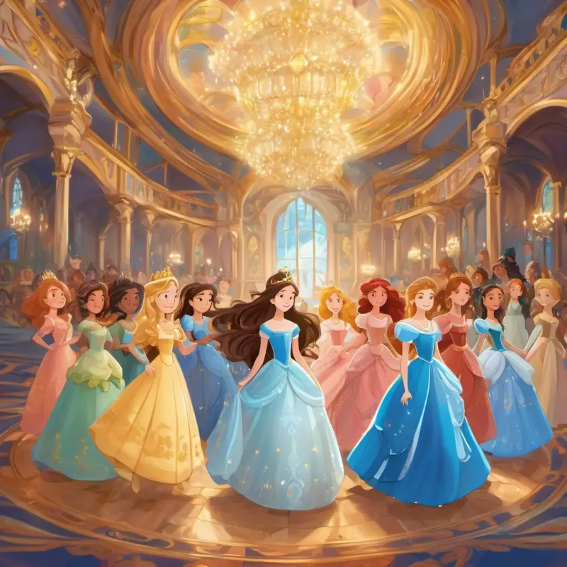 Brave and beautiful princess with long flowing hair and sparkling blue eyes and her Eleven princesses with different personalities, each with their own unique style and appearance dancing together in the grand ballroom of the magnificent castle.