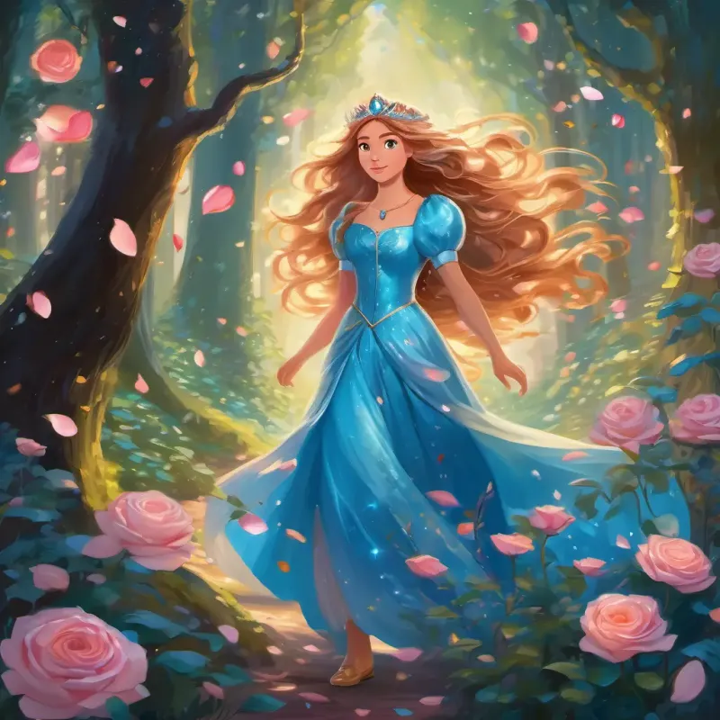 Brave and beautiful princess with long flowing hair and sparkling blue eyes walking through the enchanted forest, surrounded by sparkling rose petals and magical creatures.