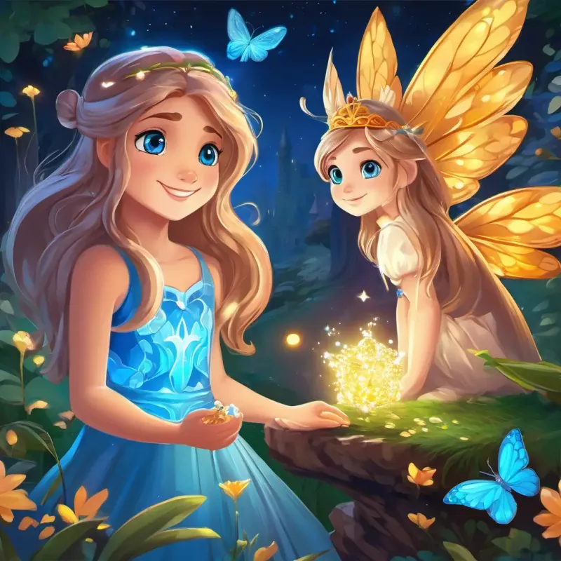 Brave and beautiful princess with long flowing hair and sparkling blue eyes solving puzzles and challenges, guided by a kind Kind fairy with shimmering wings, a warm smile, and magical powers in the magical world.