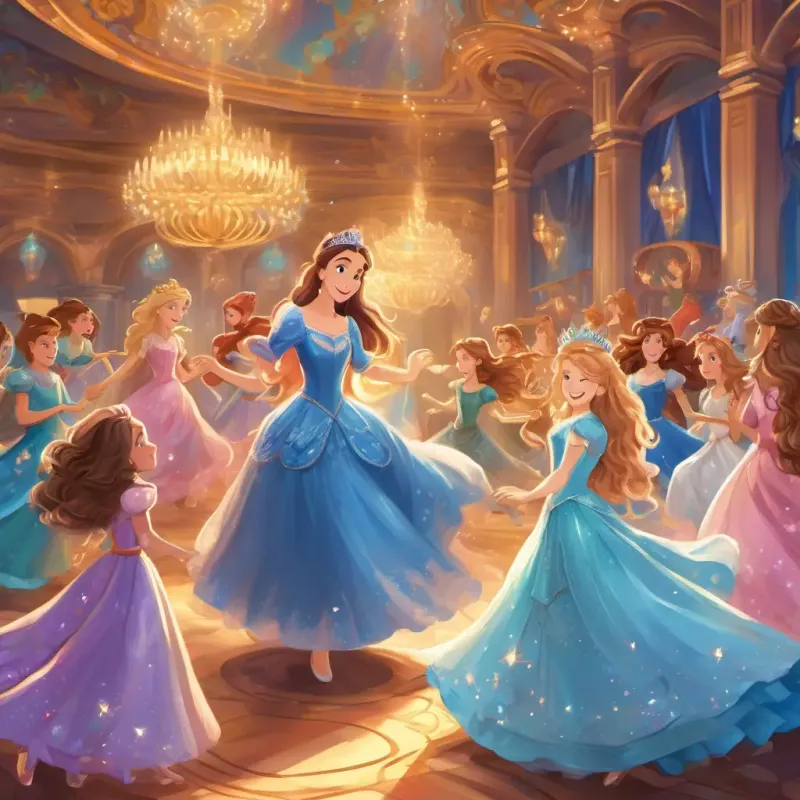 Brave and beautiful princess with long flowing hair and sparkling blue eyes breaking the spell and bringing joy to her Eleven princesses with different personalities, each with their own unique style and appearance, who are now dancing happily in the grand ballroom.