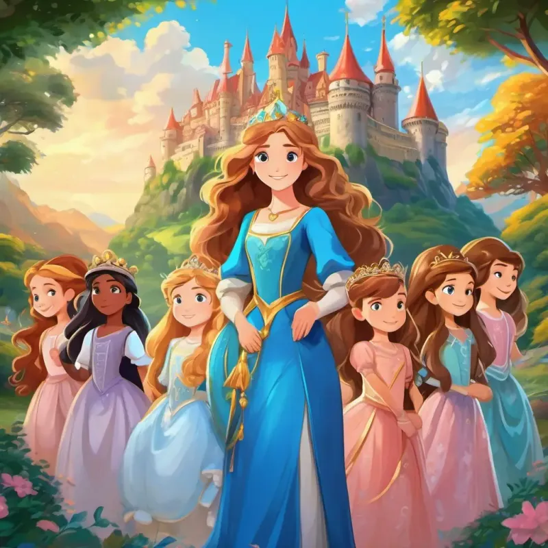 Brave and beautiful princess with long flowing hair and sparkling blue eyes and her Eleven princesses with different personalities, each with their own unique style and appearance spreading love and happiness in their Enchanting kingdom with a magnificent castle and beautiful landscapes, surrounded by beautiful scenery.